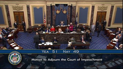 In this image from video from Senate Television, Sen. Patty Murray, D-Wash., presiding over the Senate acting as a court of impeachment, announces the results of the vote Wednesday to adjourn the court of impeachment in the trial of Homeland Security Secretary Alejandro Mayorkas. (Senate Television via AP)