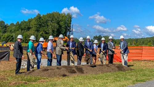 Cherokee County officials shovel the first bit of dirt during a groundbreaking ceremony on Thursday, Sept. 9 for the construction of the new L.B. Ahrens Recreation Center at Cherokee Veterans Park. CONTRIBUTED