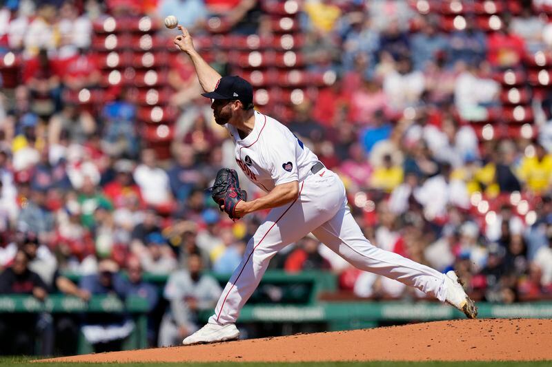 Boston Red Sox's Cutter Crawford pitches against the Cleveland Guardians during the first inning of a baseball game, Monday, April 15, 2024, in Boston. (AP Photo/Michael Dwyer)