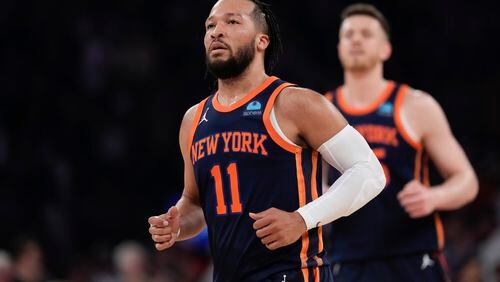 New York Knicks' Jalen Brunson (11) runs on the court after scoring against the Indiana Pacers during the first half of Game 2 in an NBA basketball second-round playoff series Wednesday, May 8, 2024, in New York. (AP Photo/Frank Franklin II)