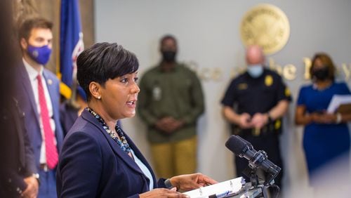 Atlanta Mayor Keisha Lance Bottoms leads a press conference Tuesday, Aug 3, 2021 at City Hall to address a rise in crime, the recent murder in Piedmont Park and COVID-19 delta concerns.  She is supported by Deputy Chief Charles Hampton, Atlanta Police Chief Rodney Bryant and Emory infectious diseases Dr. Carlos Del Rio to address while addressing city's current issues.  (Jenni Girtman for The Atlanta Journal-Constitution)