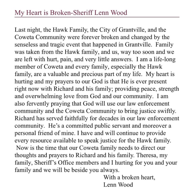Coweta County Sheriff Lenn Wood penned a letter on Friday's triple homicide in Grantville.