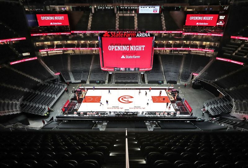 State Farm Arena is mostly empty as the Atlanta Hawks prepare to play the Detroit Pistons in their home opener Monday, Dec. 28, 2020, in Atlanta. (Curtis Compton / Curtis.Compton@ajc.com)
