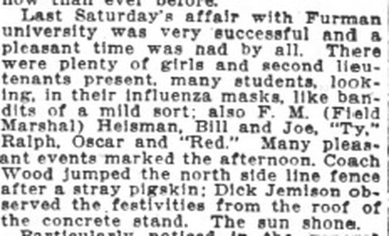 A copy of a story in the Oct. 16, 1918 edition of the Atlanta Constitution about the Georgia Tech football team. It noted fans at the Oct. 12 Furman game wearing "influenza masks, like bandits of a mild sort." (Newspapers.com)