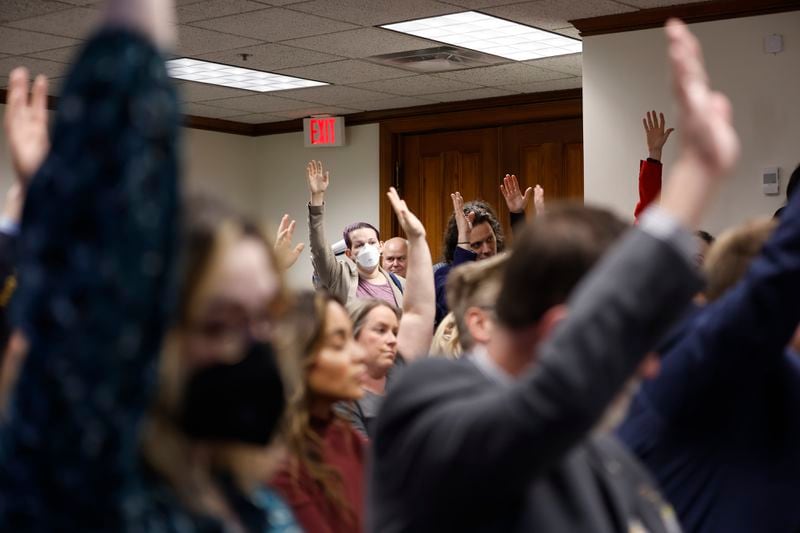 A majority of people who attended a Senate Education Committee meeting Tuesday raised their hands to show they oppose Senate Bill 88, which would regulate classroom discussions about gender identity. The committee approved the bill on a 6-3 party-line vote, with Republicans in favor. Natrice Miller/natrice.miller@ajc.com