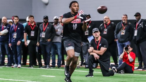 Georgia inside linebacker Nakobe Dean (17) during Georgia’s Pro Day at Payne Indoor Athletic Facility in Athens, Ga., on Wednesday, March 16, 2022. (Photo by Mackenzie Miles)
