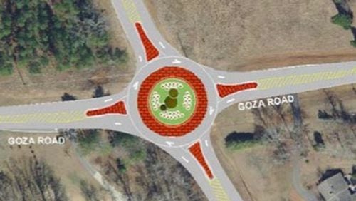 A roundabout at the intersection of Antioch and Goza Roads is meant to minimize the risk of traffic accidents there. Courtesy Fayette County