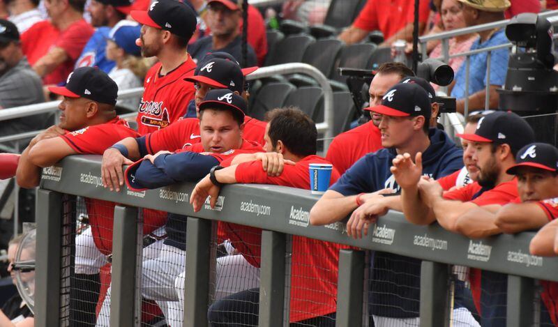 Braves' Joc Pederson watches in the first inning at Truist Park on Friday, July 16, 2021. (Hyosub Shin / Hyosub.Shin@ajc.com)