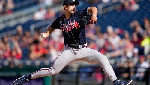 Atlanta Braves starting pitcher Spencer Strider throws during the first inning of a baseball game against the Washington Nationals at Nationals Park, Saturday, April 1, 2023, in Washington. (AP Photo/Alex Brandon)