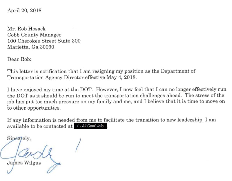 This is the resignation letter of Jim Wilgus, Cobb’s former department of transportation director.