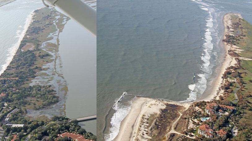 The spit at Sea Island on Dec. 14, 2013, (left) and Sept. 18, 2017.