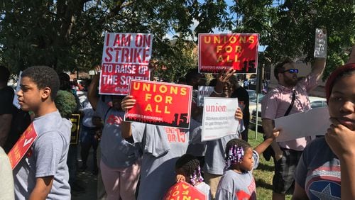 Fast-food workers demanding the right to a union at chains such as McDonald’s, Burger King and Wendy’s during a strike in Atlanta on Oct. 4, 2018.