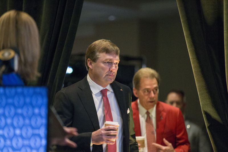  Georgia Bulldogs head coach Kirby Smart and Alabama Crimson Tide head coach Nick Saban prepare to speak with the media during the head coaches’ press conference in the Grand Ballroom at the Sheraton hotel in Atlanta on Sunday, January 7, 2018.  