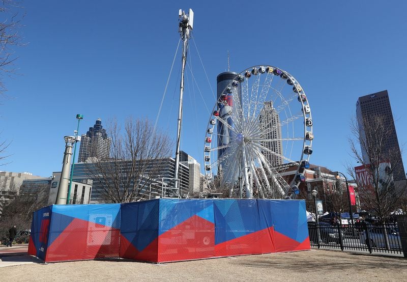Jan. 31, 2019 Atlanta: A Verizon cell COW surrounded by a fence sits outside Super Bowl Live in Centennial Olympic Park on Thursday, Jan. 31, 2019, in Atlanta. A cell on wheels (COW) is a portable mobile cellular site that provides temporary network and wireless coverage to locations where cellular coverage is minimal or compromised. Curtis Compton/ccompton@ajc.com