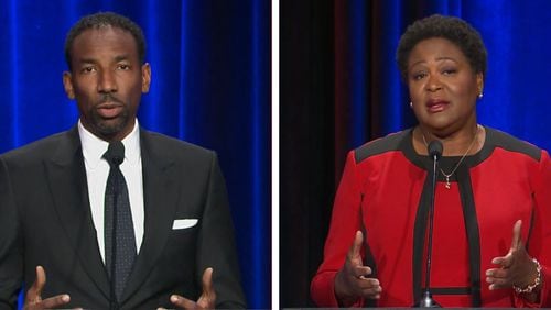 Atlanta mayoral candidates Andre Dickens and Felicia Moore at a runoff debate on Tuesday, Nov. 16, 2021.