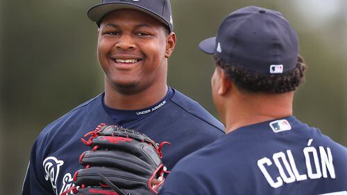 Braves reliever Mauricio Cabrera, pictured during an early spring training workout, has not thrown since experiencing elbow soreness after his Monday appearance. (Curtis Compton/ccompton@ajc.com)