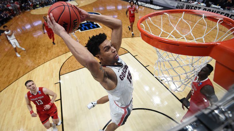 Brandon Clarke of the Gonzaga Bulldogs dunks the ball against the Texas Tech Red Raiders during the second half of the 2019 NCAA Men's Basketball Tournament West Regional at Honda Center on March 30, 2019 in Anaheim, California. (Photo by Sean M. Haffey/Getty Images)