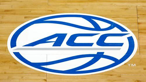 The ACC logo on the court during a quarterfinal game between Georgia Tech and Miami in the ACC Men's Basketball Tournament at Greensboro Coliseum on March 11, 2021, in Greensboro, North Carolina. (Jared C. Tilton/Getty Images/TNS)