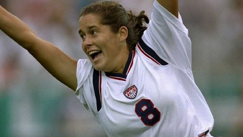 Shannon MacMillan scores for the U.S. women's soccer team in Summer Olympics semifinal match against Norway on Sunday July 28, 1996, at the Sanford Stadium in Athens. The U.S. beat Norway 2-1. (David Cannon/Allsport)