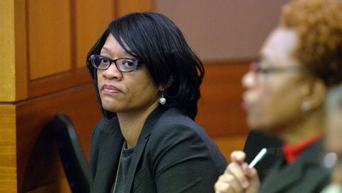 Former Dobbs Elementary Principal Dana Evans listens to closing arguments in the Atlanta Public Schools test-cheating trial in 2015.  (Kent D. Johnson / AJC file photo)