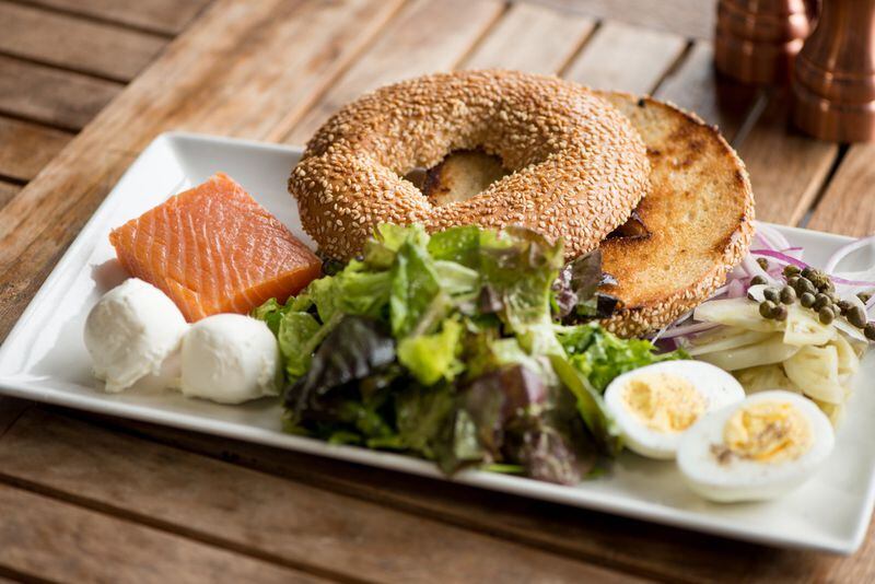  Muss and Turner's Papa Max house-kippered Skuna Bay salmon, toasted sesame bagel, toppings, and boiled egg. Photo credit- Mia Yakel.