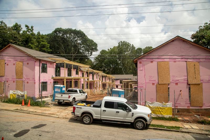 An affordable housing structure is under construction, located at 395 James P. Brawley Drive NW, in Atlanta's English Avenue community, Wednesday, August 26, 2020. The Westside Future Fund is adding affordable houses on Atlanta's Westside. (ALYSSA POINTER / ALYSSA.POINTER@AJC.COM)