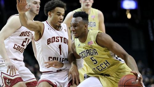 Josh Okogie of the Georgia Tech Yellow Jackets works against Jerome Robinson #1 of the Boston College Eagles in the first half during the first round of the ACC Men's Basketball Tournament at Barclays Center on March 6, 2018 in New York City.  (Photo by Abbie Parr/Getty Images)
