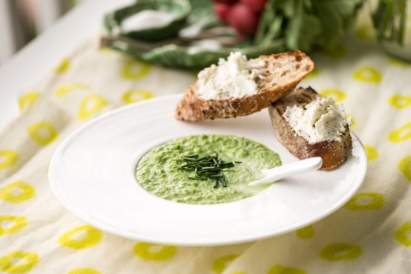 Spring Pea Soup With Goat Cheese Crostini. STYLING BY LISA HANSON / CONTRIBUTED BY MIA YAKEL
