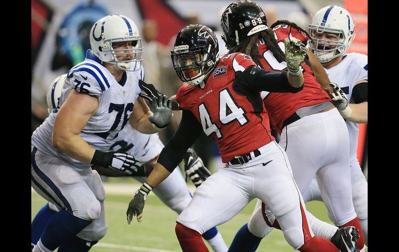 Falcons Vic Beasley Jr. attempts to rush against Colts Joe Reitz during the second half in a football game on Sunday, Nov. 22, 2015, in Atlanta. Curtis Compton / ccompton@ajc.com Curtis Compton