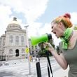 Amber R. chants with a megaphone July 3, 2022, outside the Georgia State Capitol in Atlanta to protest the U.S. Supreme Court reversal of Roe v Wade. Sunday, July 3, 2022.  (Miguel Martinez / Miguel.martinezjimenez@ajc.com)