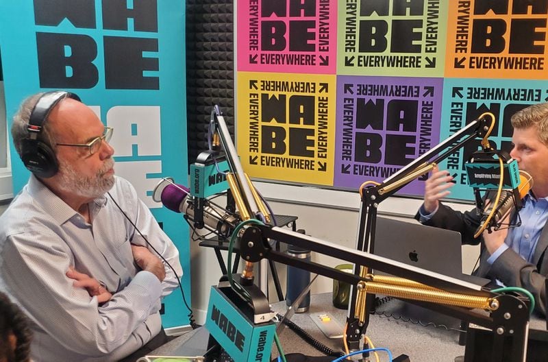 Bill Nigut (left) on the first WABE/AJC radio program "Politically Georgia" in October 2023, speaking with the AJC's Greg Bluestein. JAY BLACK/AJC
