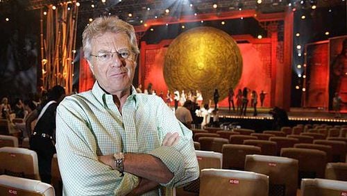Jerry Springer, co-host for the Miss Universe 2008 competition, poses during a stage rehearsal in Nha Trang, Vietnam. Springer shared hosting duties with Spice Girl Melanie Brown.