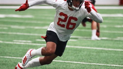 Falcons cornerback Isaiah Oliver works on his moves.  Curtis Compton/ccompton@ajc.com