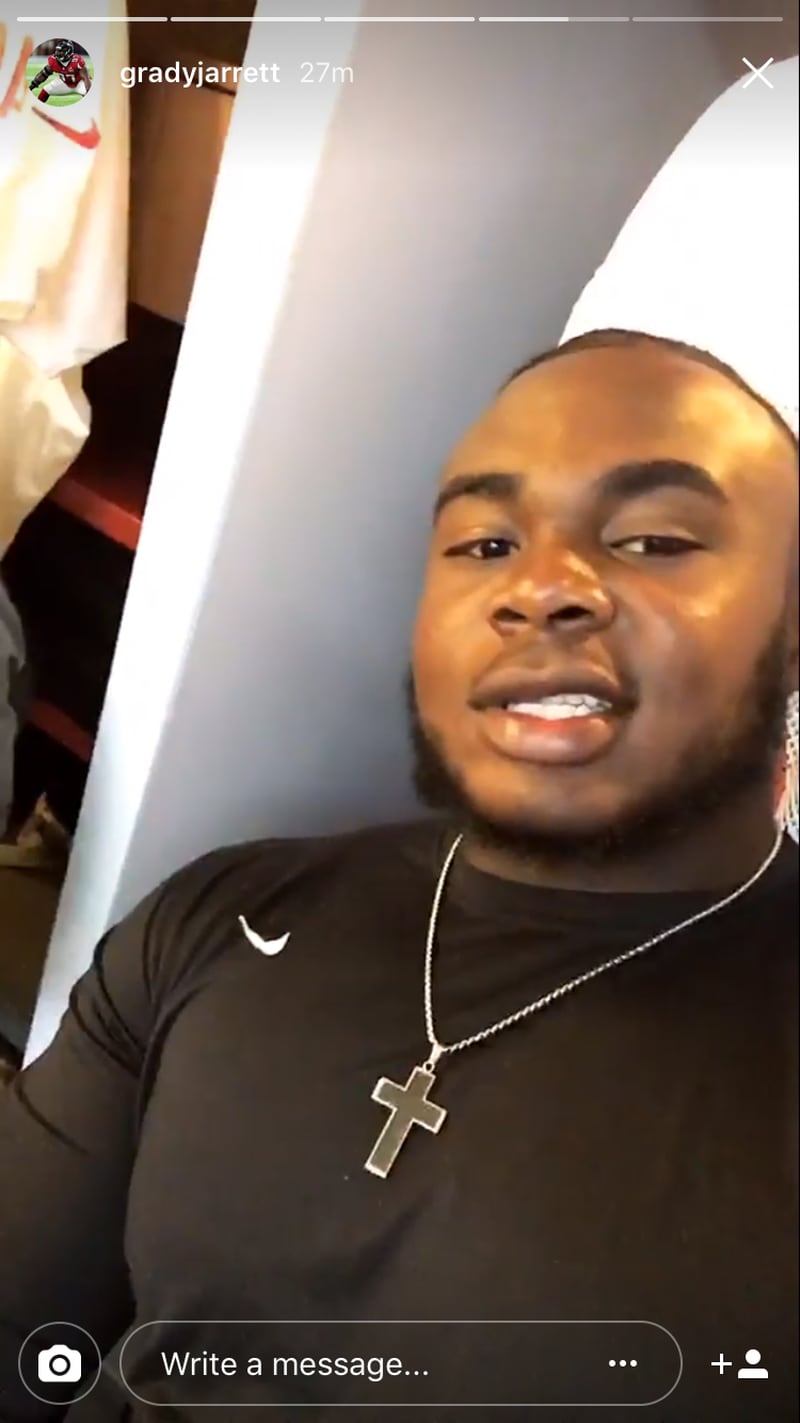 Atlanta Falcons defensive lineman Grady Jarrett posts a video on Instagram as the Falcons tour Mercedes-Benz Stadium on Friday, Aug. 25, 2017.