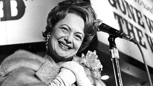 Olivia de Havilland, lone survivor of the top stars of the movie "Gone With the Wind," speaks to a crowd attending a 1967 screening of the movie. She called it a "joyful reunion." The movie first premiered in Atlanta Dec. 15, 1939.