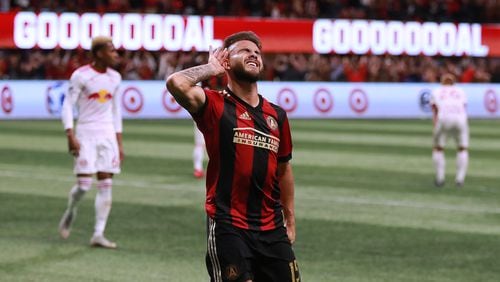Atlanta United midfielder Hector Villalba reacts wanting more noise from the fans after scoring a goal for a 3-0 victory over the New York Red Bulls during the second half in their Eastern Conference finals MLS soccer game on Sunday, Nov. 25, 2018, in Atlanta.   Curtis Compton/ccompton@ajc.com
