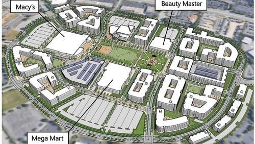 The Gwinnett Place Mall site revitalization team recently completed a redevelopment concept featuring seven residential villages and less retail and office space than previous drafts. (2022 handout)