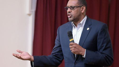 Vernon Jones answers a question during a candidate forum. Jones and other candidates for Georgia House District 91 participated in a debate sponsored by the Rockdale Chapter NAACP and the Conyers-Rockdale Chamber of Commerce on May 5. Democrats Rhonda Taylor, Charles Hill and David Neville are Jones’ opponents in the race. KENT D. JOHNSON/kdjohnson@ajc.com