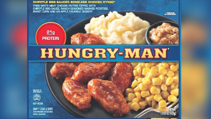 15.25-oz. individual frozen microwavable dinners with “HUNGRY MAN CHIPOTLE BBQ SAUCED BONELESS CHICKEN WYNGZ” printed on the label and bearing a best buy date of 9/6/19. (Via USDA handout)