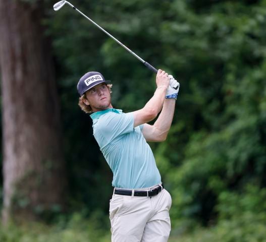 Creasy, Connor University of Georgia, who finished nine under par for 18th, hits on eighth tee during the final round of the Dogwood Invitational Golf Tournament in Atlanta on Saturday, June 11, 2022.   (Bob Andres for the Atlanta Journal Constitution)