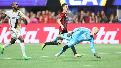 September 20, 2017 Atlanta: Atlanta United miedfielder Miguel Almiron watches the ball going toward the goal for the fourth goal of the team giving his team a very comfortable lead at half time.