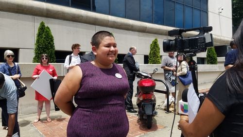 Maria Palacios, whose candidacy for Georgia House was ruled ineligible, holds a press conference at Fulton County Superior Court on Wednesday, July 18, 2018. Maya T. Prabhu/maya.prabhu@ajc.com
