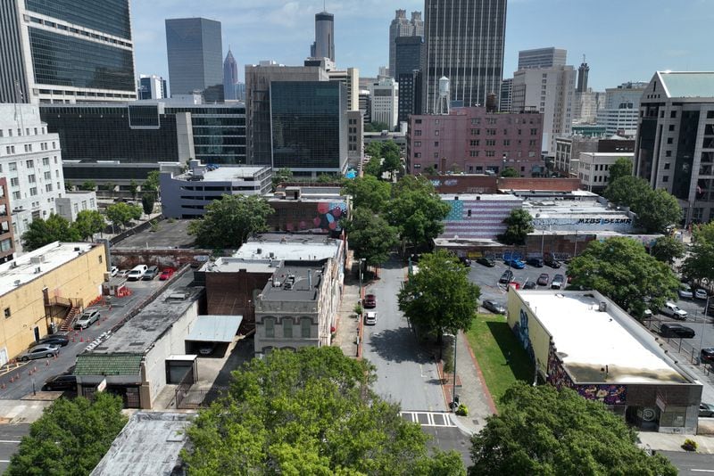 Aerial photo shows Broad St SW between Mitchell Street and MLK Jr. Dr., Wednesday, August 9, 2023, in Atlanta. (Hyosub Shin / Hyosub.Shin@ajc.com)