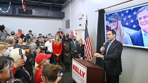 U.S. Sen. Marco Rubio speaks during a rally Wednesday at Cobb County GOP headquarters in Marietta to unite Georgia conservatives behind U.S. Sens. David Perdue and Kelly Loeffler ahead of the Jan. 5 runoffs. (Hyosub Shin / Hyosub.Shin@ajc.com)