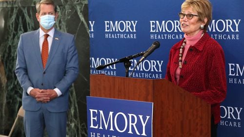 Gov. Brian Kemp and DPH Commissioner Dr. Kathleen Toomey take questions during a press conference at Emory University to discuss the Moderna vaccine rollout on Tuesday.  “Curtis Compton / Curtis.Compton@ajc.com”
