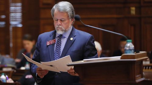 3/1/2018 - Atlanta - Rep. Terry England, R - Auburn, prepares to present the mid-year budget.  The House approved a new and improved mid-year budget Thursday that would spend $8 million to furnish and equip the new state courthouse, $10 million for new technical college equipment, $1.6 million for coastal Georgia dune restoration, and almost $30 million to help local governments. Legislative photos from today, the 29th day of the 2018 General Assembly.  BOB ANDRES  /BANDRES@AJC.COM