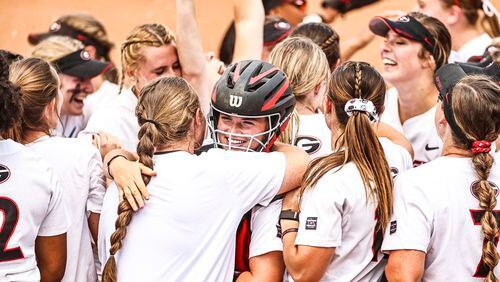 The Georgia Bulldogs had much to celebrate following a 10-9 win over Duke last Sunday, which punched their ticket to the NCAA Super Regionals. (Photo by Tony Walsh/UGA Athletics)