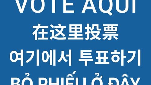 A polling place sign in English, Spanish, Mandarin, Korean and Vietnamese. Courtesy Gwinnett County