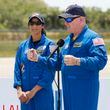 NASA astronauts Butch Wilmore, right, and Suni Williams speak to the media after they arrived at the Kennedy Space Center, Thursday, April 25, 2024, in Cape Canaveral, Fla. The two test pilots will launch aboard Boeing's Starliner capsule atop an Atlas rocket to the International Space Station, scheduled for liftoff on May 6, 2024. (AP Photo/Terry Renna)