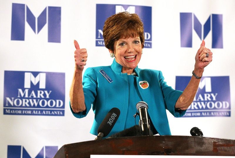 Mary Norwood, candidate for mayor, gives supporters a double thumbs up making a final appearance at her election night party saying she assumes there will be a run off before ending the evening with few election results counted on Tuesday, November 7, 2017, in Atlanta. Curtis Compton/ccompton@ajc.com